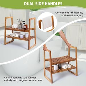 Wooden <b>Bathroom</b> <b>Stool</b> With Armrests 2 Tier Solid Wood Minimalist Design For Home Use - Product Image 4