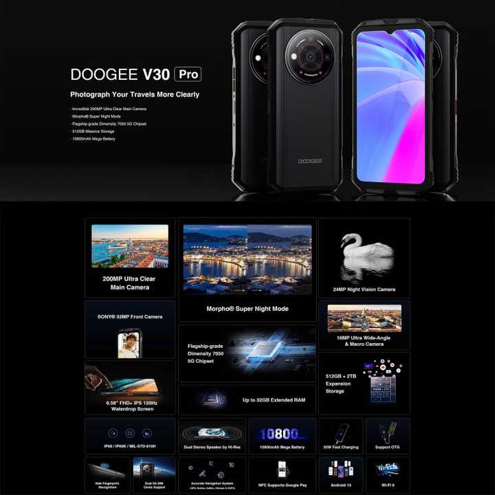 Global Version OTG DOOGEE V30 Pro Rugged Phone 200MP Camera 12GB+ 