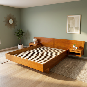 Modern Minimalist Teak Solid Wood Platform Bed Frame with <b>Floating</b> <b>Nightstands</b> and Custom Color Contemporary Bedroom Furniture - Product Image 2