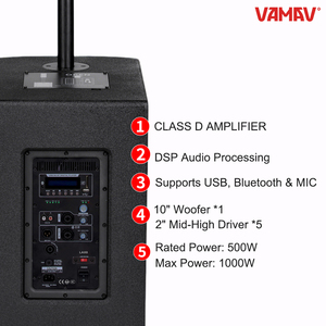 ลำโพงคอลัมน์ VAMAV EVO10 ขนาด 10 นิ้ว ระบบเสียงเวทีแบบแอคทีฟมืออาชีพ วัสดุไม้ กำลังขับ 500 วัตต์ RMS คลาส D พร้อมพอร์ต USB กำลังขับ 10 500 วัตต์ RMS คู่กันได้ - Product Image 2