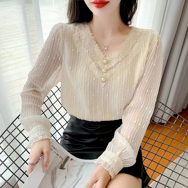 Shop Our Beautiful Blouse with Lace V-Neck & Long Sleeves