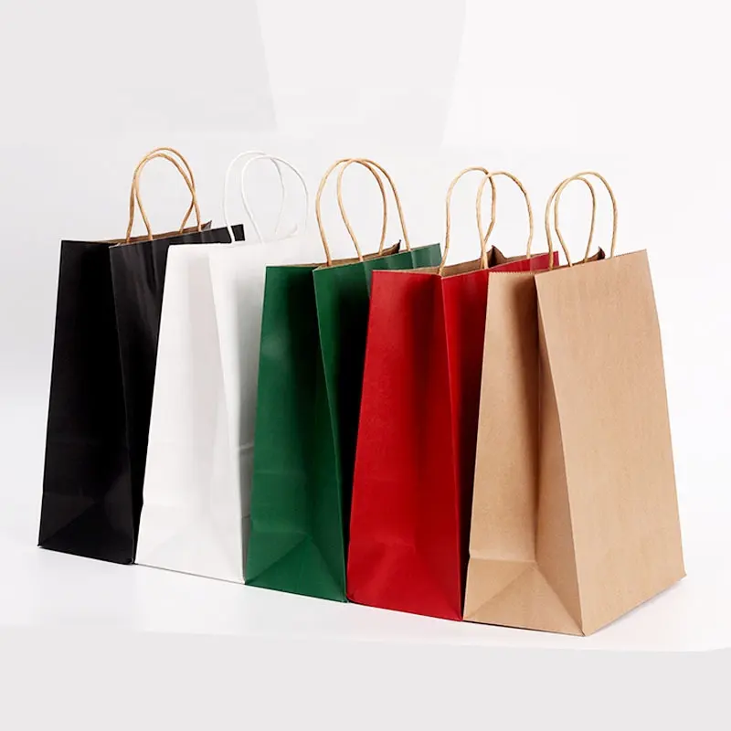 Bolsas de papel kraft artesanales de colores ecológicas reciclables a granel impresas personalizadas al por mayor OEM con asa plana