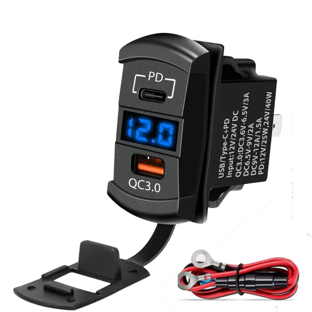 48W PD Type C & QC 3.0 Rocker Style Waterproof Dual USB Charging Port 12-24V 1-Year Warranty Pre-wired Voltmeter