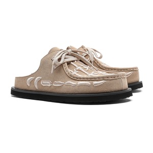 Suede Mules With Embroidered Bamboo Pattern Lace-Up <b>Closed</b> <b>Toe</b> Casual Anti-Slip Rubber Out sole All Seasons <b>Sandals</b> - Product Image 5
