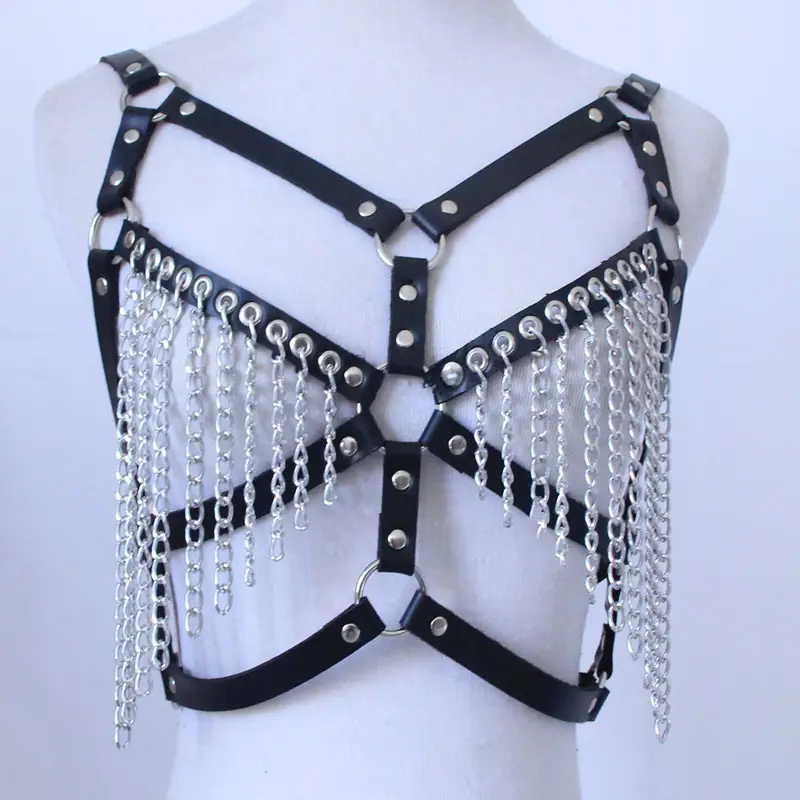 Fashion Punk Woman Sexy Bondage gear Leather Harness Chain Tassel Bra Exotic Lingerie Gothic Body Chain Belt Lingerie