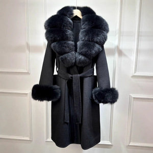 <span class=keywords><strong>Veste</strong></span> d'hiver <span class=keywords><strong>longue</strong></span> en <span class=keywords><strong>laine</strong></span> mélangée pour femmes Col et poignets en fourrure de renard naturel Manteau en cachemire ceinturé Manteau décontracté - Product Image 2