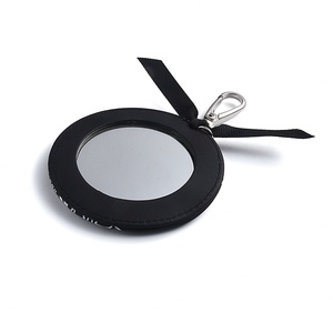Wholesale Black Round Keychain Single Sided Heat Transfer PU Leather Makeup Pocket <b>Compact</b> <b>Mirror</b> - Product Image 3