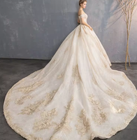 NDB10573 Robe de mariée tendance à manches courtes, broderie florale, épaules dénudées, robe de bal, traîne bouffante, plissée, pour mariée