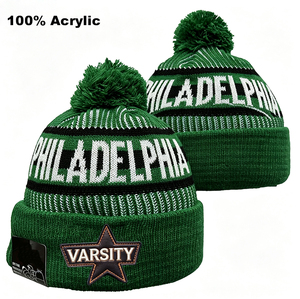 Gorro de Punto Retro de la Serie Ciudad de Filadelfia, Edición con Forro Polar Grueso, Gorro de Invierno con Pompón, Verde Medianoche, Gorra Deportiva para el Día del Partido - Product Image 1