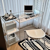 Bureau d'ordinateur moderne de luxe en acier inoxydable et verre trempé, table de bureau simple à double moteur pour la maison, l'écriture et les cosmétiques