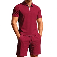 Ensembles de polos décontractés sportifs pour hommes en tissu jacquard éponge, à col revers, demi-zippés, deux pièces, avec blocs de couleur et patchwork, pour l'été