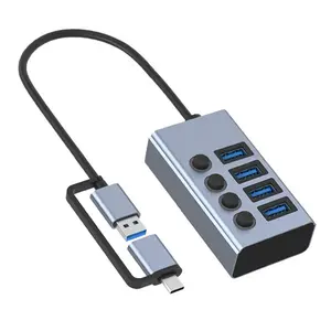 Aluminum Vertical 7-Port USB 3.0 Hub with Individual ON/OFF Power Switch USB Splitter Adapter Cable Fast Charging 20V/4A