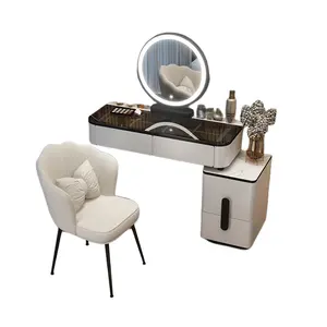 נורדי שולחן איפור עם מראה ושרפרף עבור שינה הלבשה שולחן עם 3 אור אפקט LED מראות זהב ברזל שידה
