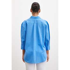 Chemise en lin boutonnée pour femme, bleue, style décontracté, design simple, poignets larges - Product Image 3