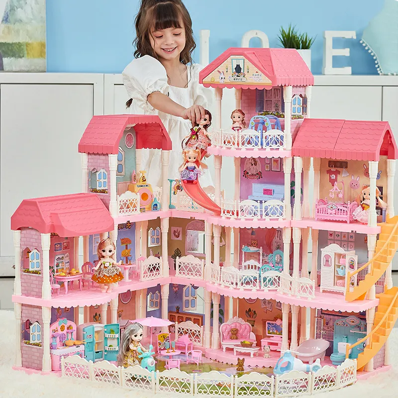 Heißer Verkauf große Puppenhaus Kit Pink Toys Baby puppe für Kinder Haus DIY groß für Mädchen Puppenhaus Kinder zubehör Schloss