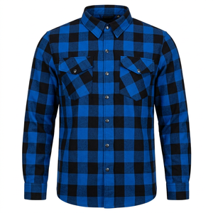 Blue Black Buffalo Plaid Printed Flannel <b>Jacket</b> Men Long Sleeve Button Down Casual Motorcycle Riding Wear All Seasons - Product Image 1