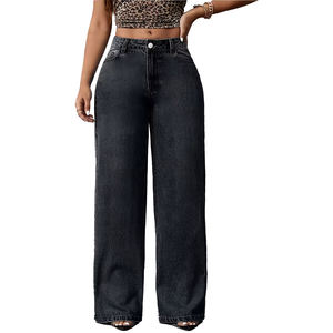 Jeans en denim <span class=keywords><strong>gris</strong></span> clair droit, <span class=keywords><strong>taille</strong></span> <span class=keywords><strong>haute</strong></span>, respirant, écologique, grande <span class=keywords><strong>taille</strong></span>, pour femmes/mères, extensible, motif uni, fabriqué par le fabricant - Product Image 1