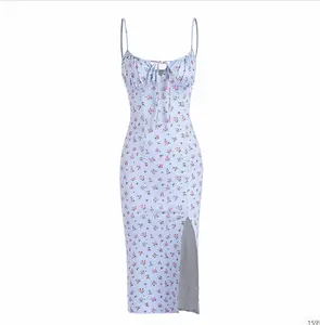로맨틱 여름 스퀘어 넥 등이없는 슬릿 슬립 원피스 꽃 프린트 디자인 사용자 정의 여성 캐주얼 드레스 간단한 원피스 디자인