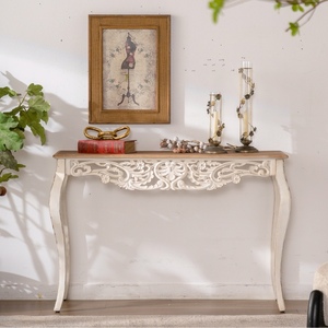 French Country Carved <b>Console</b> <b>Table</b> Antique White Distressed Solid Wood MDF <b>Entry</b> <b>Table</b> Curved Legs 43.31 Inch - Product Image 1