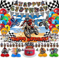 Fournitures pour fête d'anniversaire sur le thème des motos tout-terrain : bannière de fond, guirlandes, décorations de gâteaux, ballons imprimés, autocollants, centres de table