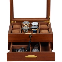 Luxe Bois Laqué Noyer Teck Placage Montre Bijoux Lunettes Affichage Boîte De Rangement Organisateur Avec Tiroir