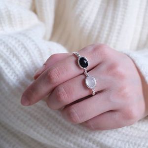 S925 Sterling <b>Silver</b> Minimalist <b>Ring</b> <b>Opal</b> Black Agate Bezel Setting Open Design Stackable Unisex Everyday Wear Geometric Shape - Product Image 1