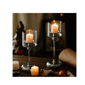 Luxury Metal Candle Holder Sticks Wax Candles Container Glass Cylinder Wedding Event Home Party Decor Candle Jars Candlestick