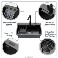 Évier de cuisine noir nano avec robinet cascade, en acier inoxydable 304, à cuve unique, avec lave-tasses, multifonctionnel, intelligent et fait main