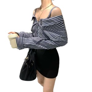 Off Shoulder Striped Shirt High Waist Bodycon <b>Skirt</b> Women's 2025 New Style <b>Patchwork</b> Long Sleeve Dress - Product Image 5
