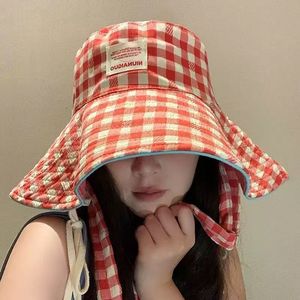 Chapeau bob à large bord à carreaux de style coréen pour femmes, protection solaire, chapeau de pêcheur d'été, rouge, rose, vert, bleu, noir, en toile - Product Image 2