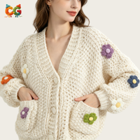 Supplier Cardigan Rajut Wanita Motif Bunga Mawar dengan Logo Custom CG, Kerah V, 100% Poliester, Lengan Panjang, Model Longgar, Kasual