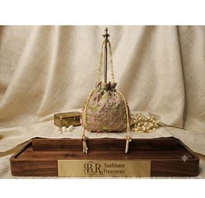 <b>Beige</b> Silk Saddle Shape Potli Bag Handcrafted Metallic Wire Embroidery Wedding Bridal Ethnic Festive Evening Party Classic - Product Image 1