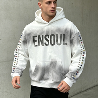 ODM/OEM Personnalisé – Sweat à capuche 100 % coton, effet délavé vintage avec strass et détails manches cloutées, coupe oversize, streetwear homme