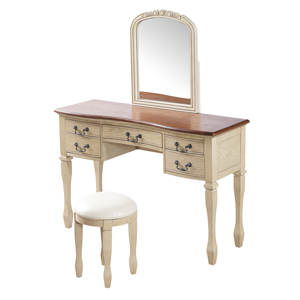 <span class=keywords><strong>Coiffeuse</strong></span> <span class=keywords><strong>vintage</strong></span> 46 pouces avec miroir à cadre floral incurvé, table de maquillage élégante avec 5 tiroirs et tabouret en cuir - Product Image 1