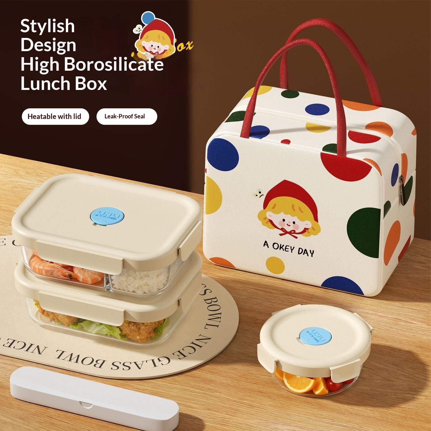 2026 New Model Glass Lunch Box Set Microwave Safe Stackable Food Preservation Container Sealed Lid Printing Cute Design for Work view 3