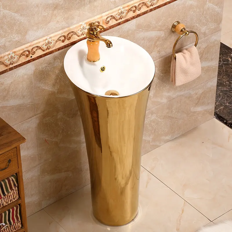 Luxury One Piece free standing round bathroom pedestal sink gold faucet wash basin on sale