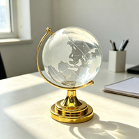 Globe terrestre en verre transparent artisanal avec base en métal doré ou argenté, ornement décoratif de bureau, boule de cristal, cadeau