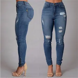 WJ018 ODM-Vaqueros desgastados de cintura alta para mujer, jeans rasgados azules, vaqueros a la moda para mujer, Vaqueros ajustados con elevación de trasero para mujer
