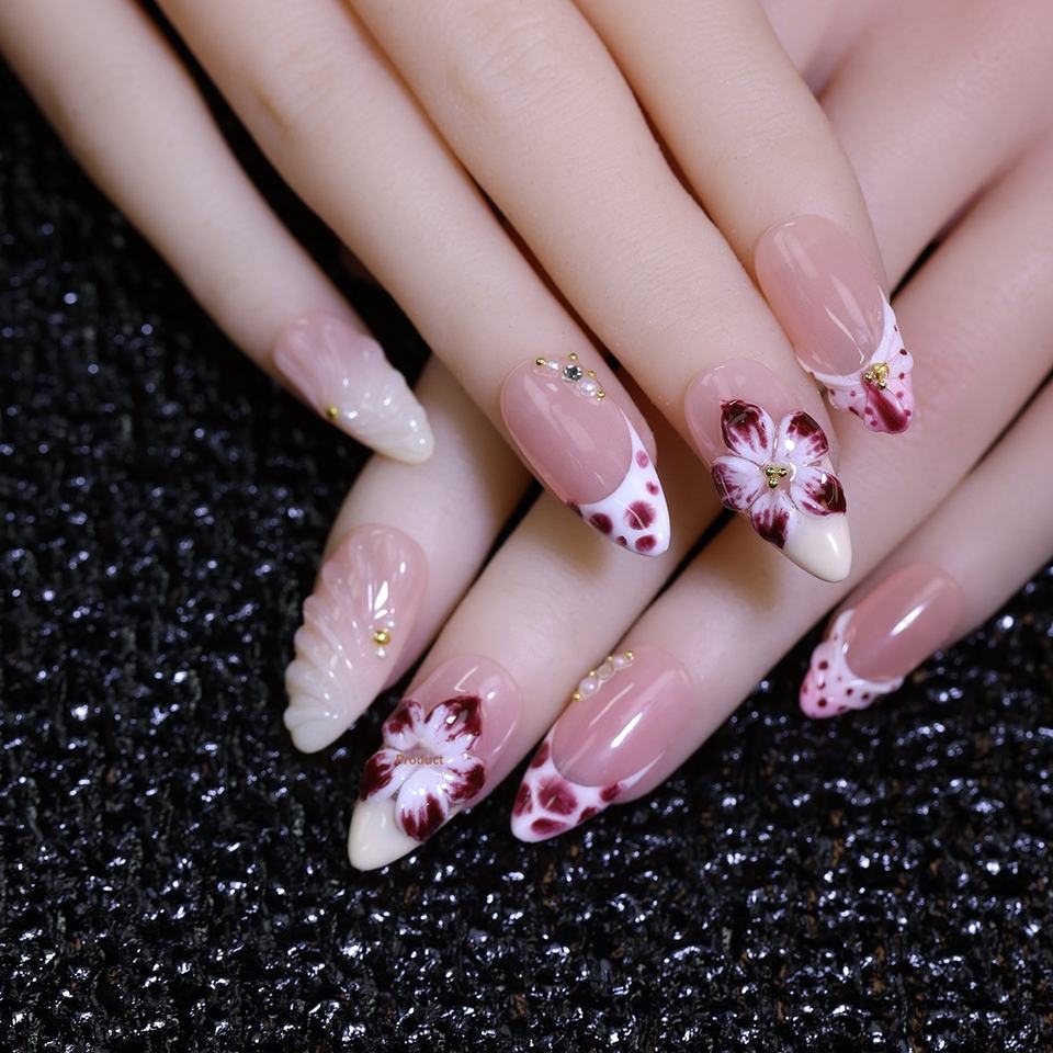 10-pcs-box-french-eggshell-design-short-almond-shaped-flower-patterned
