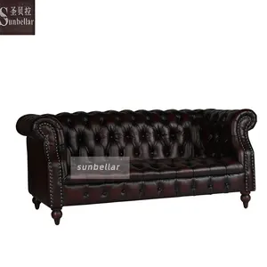 European Style Modern Genuine Leather Yellow Leather Sofa Fully Tufted Buttons Sitting Room Chesterfield Sofa Love Seat Seat