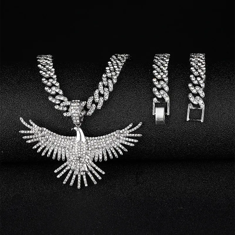 Hip Hop Jewelry Custom White Gold Plated Full Iced Out CZ Eagle Pendant Necklace CZ Miami Cuban Link Chain Necklace