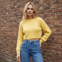 Pull court côtelé en crochet pour femme, col rond, sans manches, épais, avec logo frontal, jaune pastel, pour l'automne