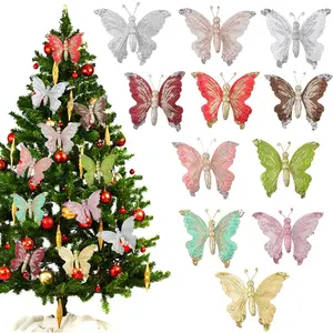 圣诞树蝴蝶装饰带杆蝴蝶圣诞树装饰闪闪发光11色