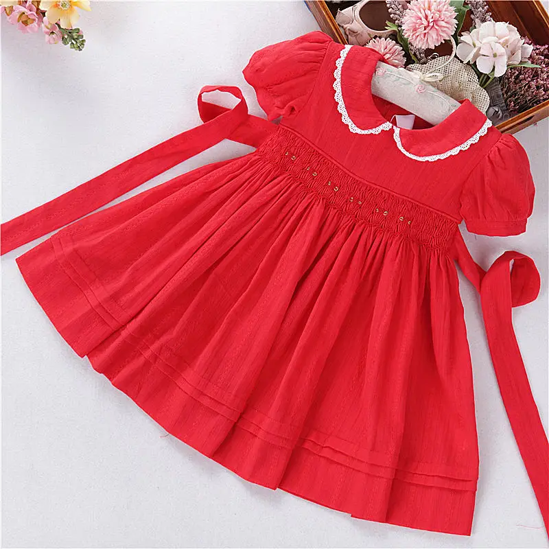 B38543 kids smocked dresses for girls clothes red handmade summer fashion boutiques children outfit wholesale