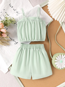 Completo estivo transfrontaliero da <span class=keywords><strong>bambina</strong></span>: top a canotta verde con fiore 3D + pantaloncini a pieghe, set due pezzi dolce - Product Image 2