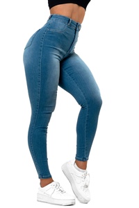 Jeans bleu clair <span class=keywords><strong>taille</strong></span> <span class=keywords><strong>haute</strong></span> pour <span class=keywords><strong>femme</strong></span>, style tendance, logo personnalisé, tissu extensible, denim, pantalon crayon, jeans serrés - Product Image 3