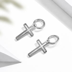 Boucles d'oreilles créoles en acier inoxydable argenté, avec breloques géométriques polies, motif croix de 22,1 × 13,2 mm - Product Image 1