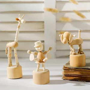 Kartun Kayu Karya Seni Boneka Bergerak Desktop Figurine Ornamen Badut Kuda Jerapah Anjing Patung Kerajinan Mainan Hadiah Dekorasi Rumah