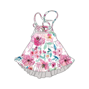 Neuankömmling Blumen druck Neuankömmling Kinder Mädchen Boutique Krawatte Halfter Blumen kleid <span class=keywords><strong>2</strong></span>-8 Jahre alt Anpassbar - Product Image 1