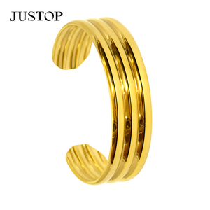JUSTOP Gold Plated Stainless Steel Cuff <b>Bangles</b> Geometric Design Alloy Women's Fashion Jewelry Trendy Style - Product Image 1